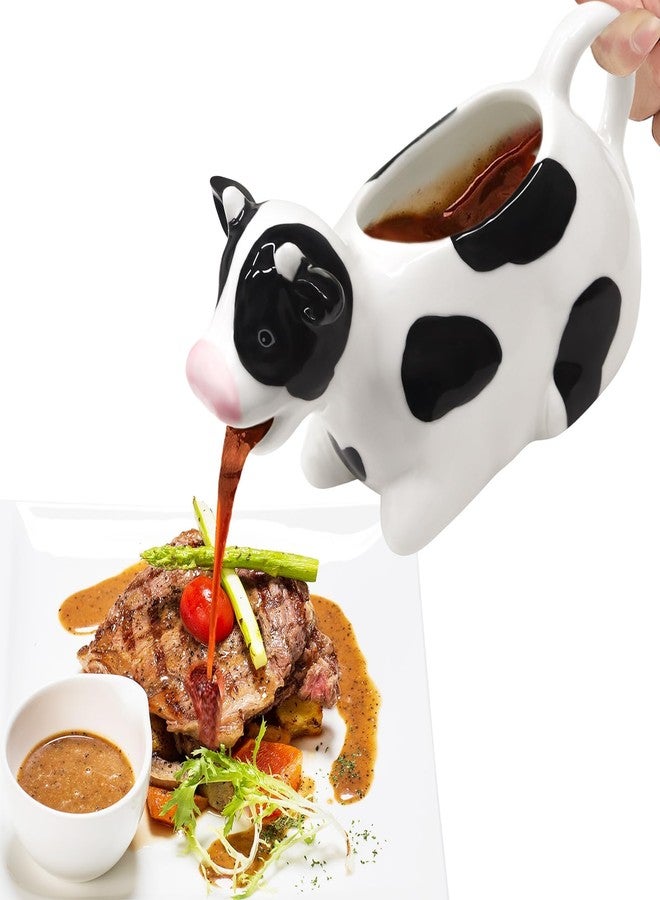 RAISLY Ceramic Gravy Boat, 11oz/300ml White Gravy Boat Milk Cow Sauce Jug with Smooth Handle - Perfect for Salad Dressing, Broth, Cream, Milk - Unique Artwork for Your Kitchen - Image 1